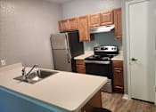 Thumbnail 2 of 21 - A kitchen with a stove, sink, and cabinets.