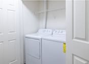 Thumbnail 13 of 26 - A white dryer is in a small room with a white door on the left and a white door on the right.