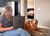 Thumbnail 58 of 67 - a woman sitting on a couch with her dog using a laptop  at Timber Ridge, Forest Lake