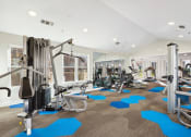 Thumbnail 11 of 20 - A gym with a variety of equipment including a treadmill, a stationary bike, a rowing machine, and a weight bench.