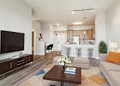 Thumbnail 2 of 45 - A modern living room with a flat screen TV, a coffee table, and a couch.