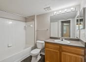Thumbnail 31 of 40 - Bathroom with oversized vanity, large mirror, full bathtub and shower combination in a 1-bedroom apartment at Gregory Cove in Jacksonville, FL.
