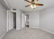 Thumbnail 29 of 40 - Bedroom with plush carpeting, ceiling fan, walk-in closet entrance, and doorway leading to the living area in a 1-bedroom apartment at Gregory Cove in Jacksonville, FL.