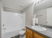 Thumbnail 10 of 40 - En-suite bathroom with full bathtub and shower combination, large vanity, and mirror in a 3-bedroom, 2-bath apartment at Gregory Cove in Jacksonville, FL.