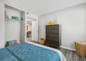 Thumbnail 12 of 40 - a bedroom with a blue bed and a wooden dresser