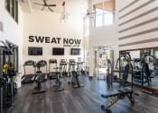 Thumbnail 24 of 25 - a gym with weights and cardio machines and a sweat now sign on the wall