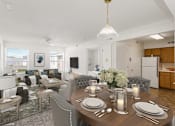 Thumbnail 1 of 52 - A dining room with a table set for dinner.