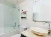 Thumbnail 12 of 19 - a bathroom with a sink and a mirror and a shower