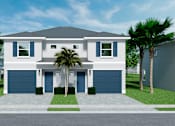 Thumbnail 5 of 14 - A modern two-story house with a garage and palm trees in front.