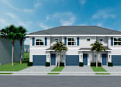 Thumbnail 1 of 14 - A modern house with a grey roof and white walls.