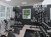 Thumbnail 7 of 14 - A gym with treadmills and elliptical machines.
