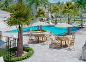 Thumbnail 6 of 14 - A pool surrounded by palm trees and chairs.
