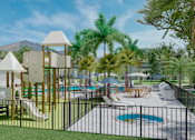 Thumbnail 4 of 14 - A playground with a slide, swings, and a climbing structure.