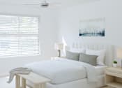 Thumbnail 12 of 14 - A white bedroom with a bed, nightstand, and a painting on the wall.