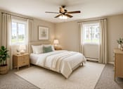 Thumbnail 3 of 14 - A bedroom with a large bed, a ceiling fan, and a window with curtains at Northtown Village Apartments, Spring Lake Park, MN 