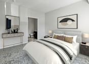 Thumbnail 11 of 33 - a bedroom with a bed and a desk with a mirror at EastGate Apartments, Rochester
