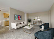 Thumbnail 4 of 14 - a living room with a couch and chairs and a coffee table at Northtown Village Apartments, Spring Lake Park, MN