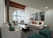 Thumbnail 9 of 21 - a living room with white furniture and a large arched window at Parkside Apartments, St. Paul, Minnesota