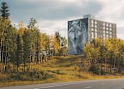 Thumbnail 1 of 17 - A large building with a large image of a wolf on it is surrounded by trees with yellow leaves.