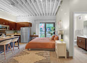 Thumbnail 6 of 55 - A bedroom with a bed, nightstand, and a kitchen area with a refrigerator and microwave.