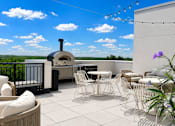 Thumbnail 34 of 88 - A patio with white furniture and a wood-fired oven.
