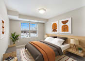 Thumbnail 5 of 32 - A bedroom with a large bed and a window showing a snowy landscape outside.