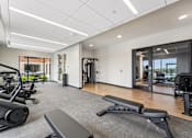 Thumbnail 22 of 61 - A gym with a variety of equipment including treadmills, weights, and exercise machines.
