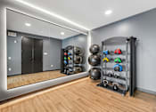 Thumbnail 23 of 61 - A gym with a mirror, weights, and a rack.
