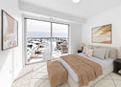 Thumbnail 30 of 61 - A bedroom with a large bed and a view of the outside.