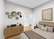Thumbnail 105 of 110 - A bedroom with a bed, nightstand, and a wall decorated with circular artworks.