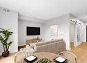 Thumbnail 100 of 110 - A living room with a couch, a television, and a potted plant.