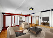 Thumbnail 3 of 24 - A living room with a brown sofa, a grey armchair, a coffee table, and a television.