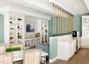 Thumbnail 13 of 80 - A kitchen with a white table and chairs and a blue wall.