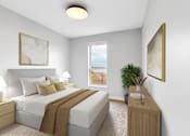Thumbnail 84 of 92 - A bedroom with a large bed and a window overlooking a beach.