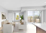 Thumbnail 81 of 92 - A modern living room with a white sofa set and a wooden floor.