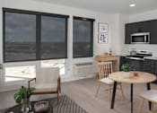 Thumbnail 17 of 47 - A modern kitchen with a dining table and chairs at The Redwell Apartments, Minneapolis, MN 55401
