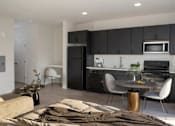 Thumbnail 30 of 47 - A modern kitchen with a black refrigerator and white cabinets at The Redwell Apartments, Minnesota 55401
