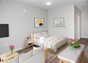 Thumbnail 15 of 54 - A bedroom with a bed, nightstand, and a TV on the wall.
