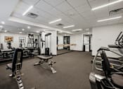 Thumbnail 30 of 54 - A gym with a variety of equipment including a treadmill, weights, and a bench.