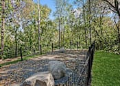Thumbnail 49 of 54 - A black fence surrounds a rocky area in a wooded area.