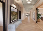 Thumbnail 39 of 49 - a long hallway with pictures on the walls and a wood floor at Sandhill Parkway Townhomes Apartments, East Bethel