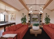 Thumbnail 37 of 49 - a living room with red couches and a table and chairs at Sandhill Parkway Townhomes Apartments, East Bethel