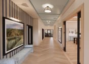 Thumbnail 40 of 49 - a long hallway with wood floors and a painting on the wall at Sandhill Parkway Townhomes Apartments, Minnesota