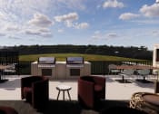 Thumbnail 25 of 49 - a rooftop patio with tables and chairs and two gas grills at Sandhill Parkway Townhomes Apartments, Minnesota, 55011