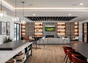 Thumbnail 13 of 64 - A modern dining room with a long table and chairs.
