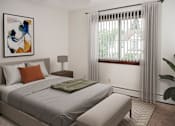 Thumbnail 13 of 20 - A bedroom with a bed, nightstand, and a potted plant.