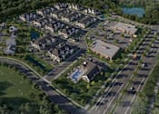 Thumbnail 53 of 54 - A bird's eye view of a residential area with houses and a swimming pool.