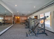 Thumbnail 7 of 45 - A gym with a mirror on the wall and a row of treadmills.