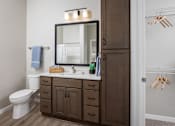 Thumbnail 9 of 69 - A bathroom with a white toilet, a brown cabinet, and a mirror above the sink.