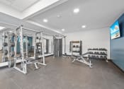 Thumbnail 92 of 105 - a gym with weights and dumbbells on the floor and a wall of mirrors